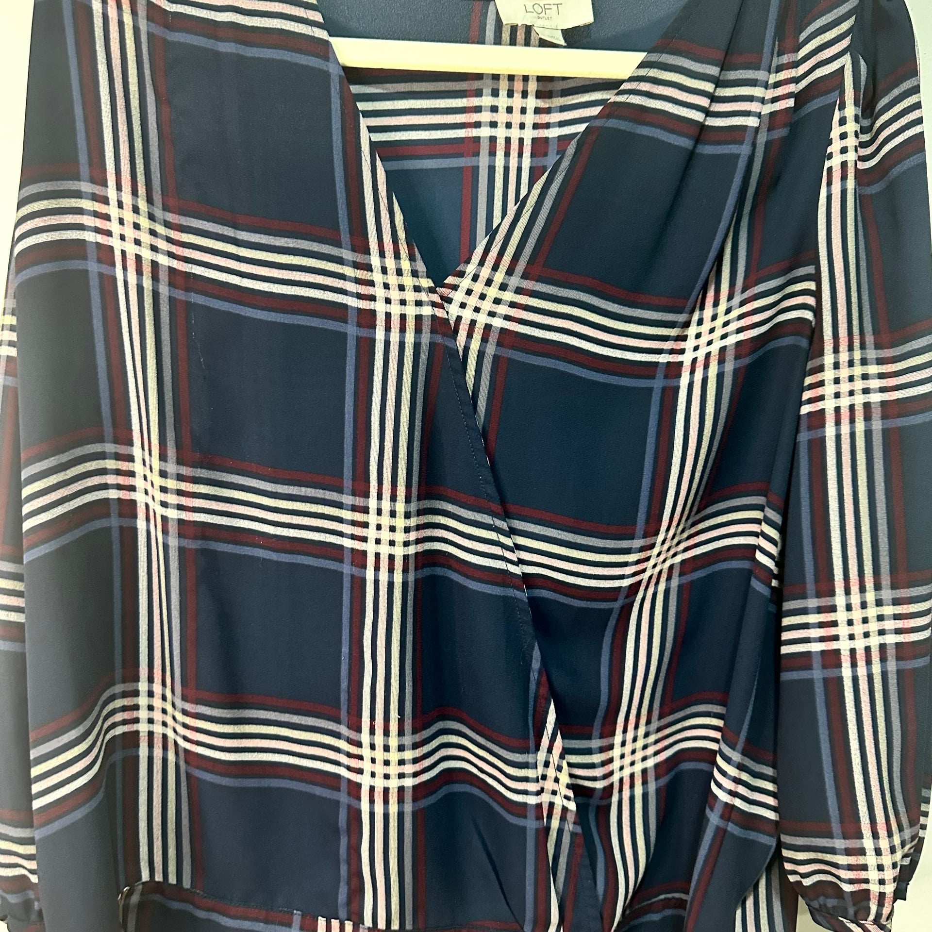 LOFT Plaid Faux Wrap Surplice Blouse Top 3/4 Sleeve, Sz L 4