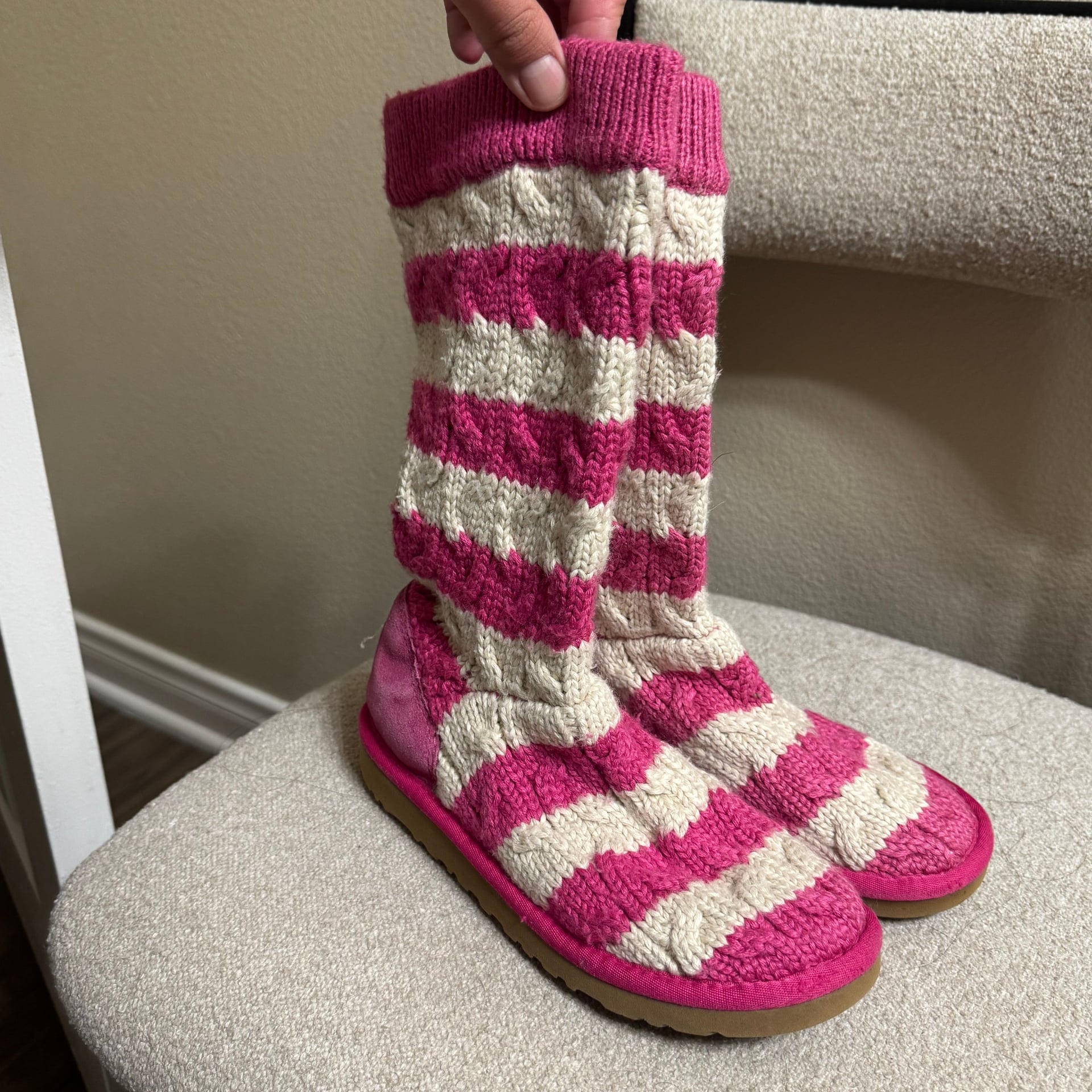 UGG Australia Pink And White Striped Cable Knit Boots 1