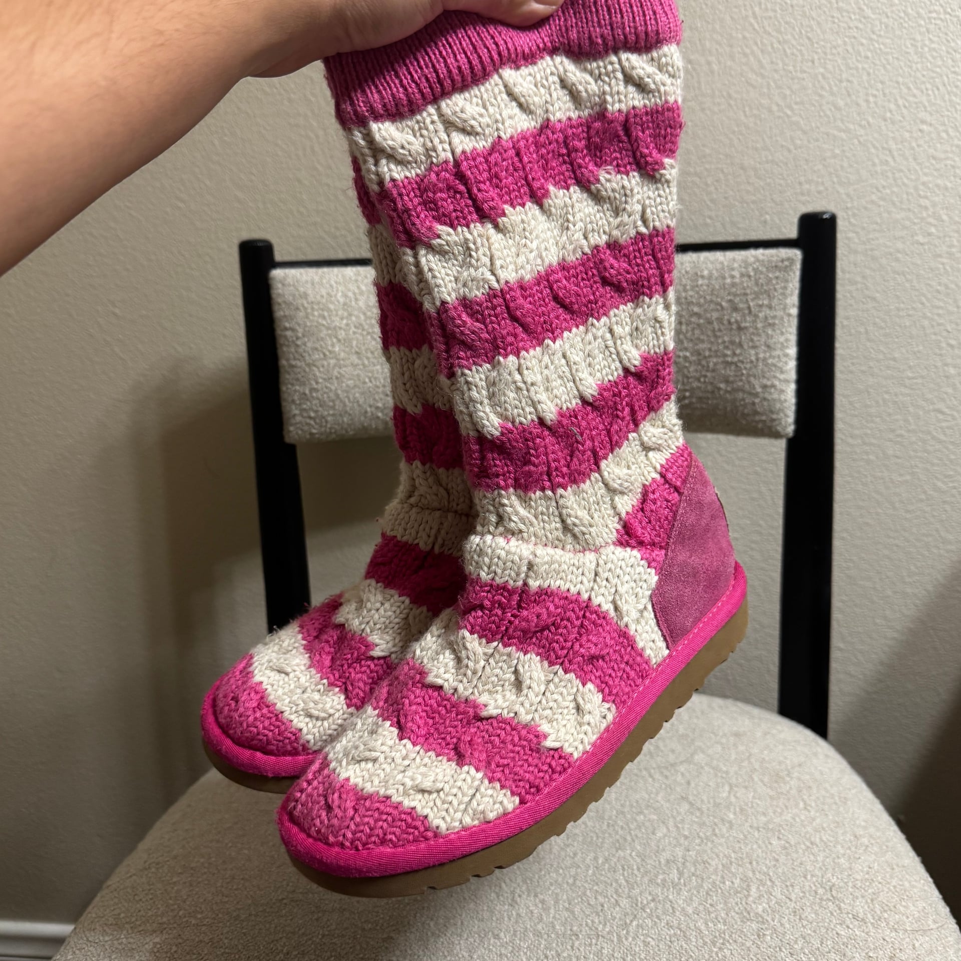 UGG Australia Pink And White Striped Cable Knit Boots 3