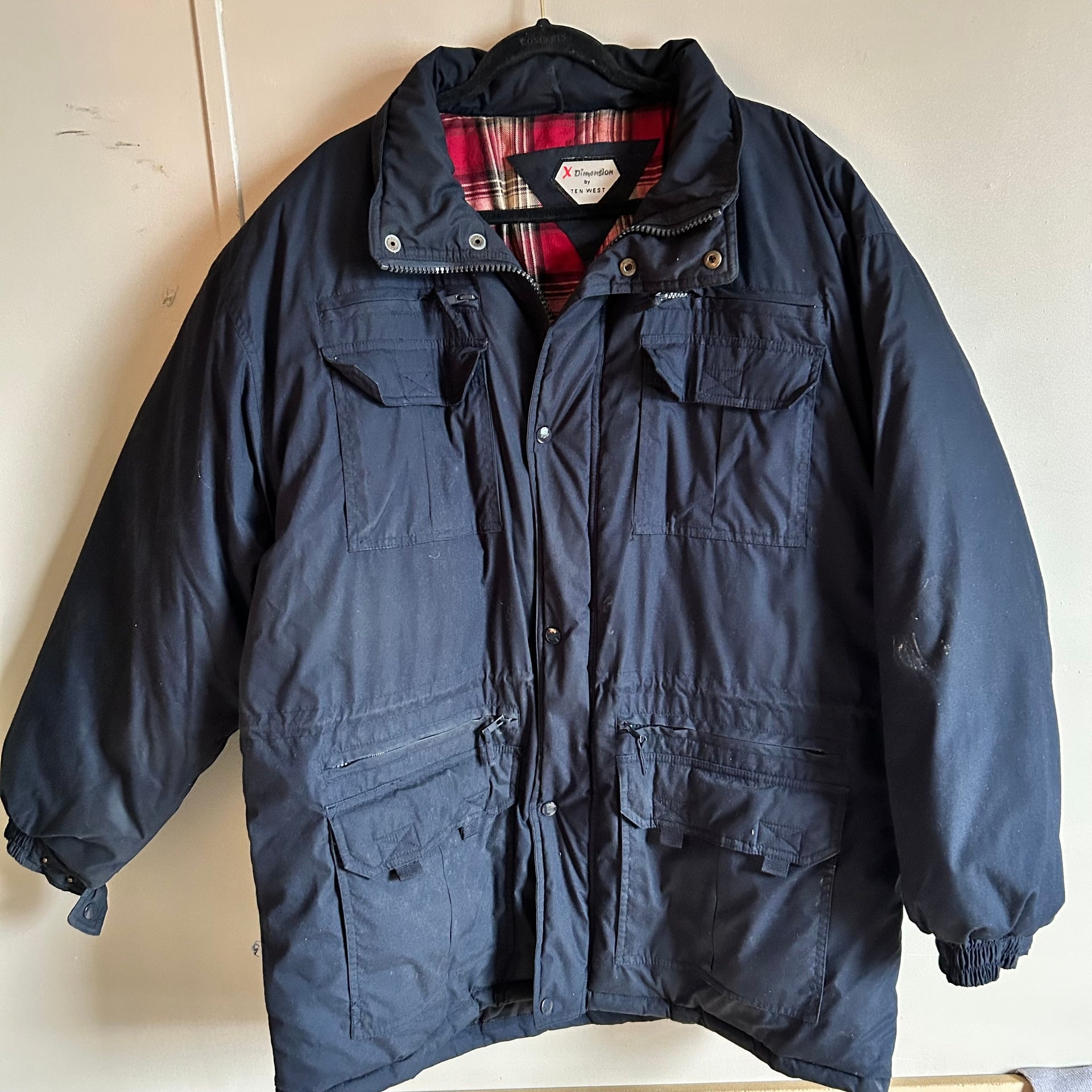 Vintage X Dimension by Ten West Navy Blue waterproof Down Jacket Plaid Lining 2