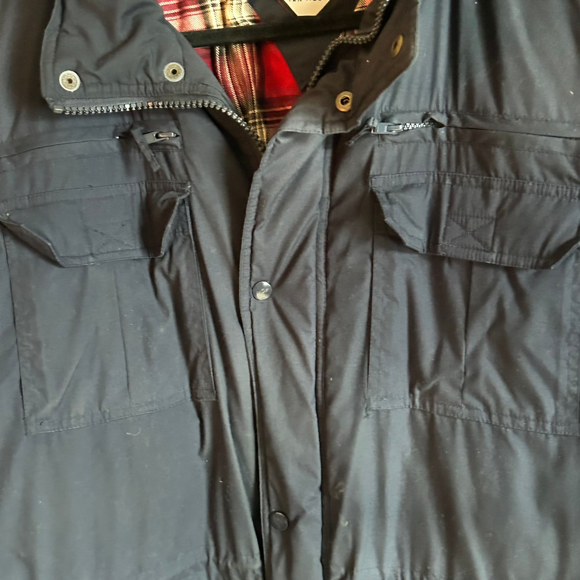 Vintage X Dimension by Ten West Navy Blue waterproof Down Jacket Plaid Lining 4