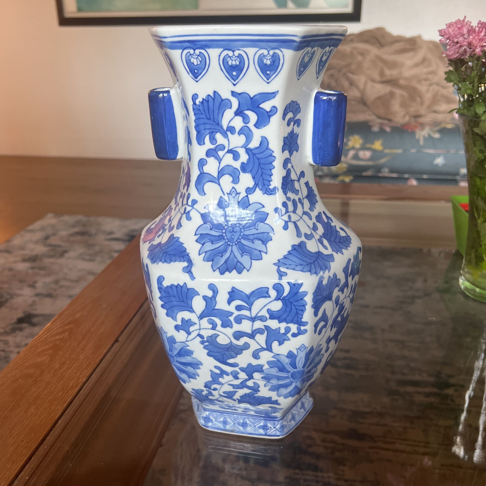 Vintage Large Blue & White Ceramic Porcelain Chinoiserie Vase 1