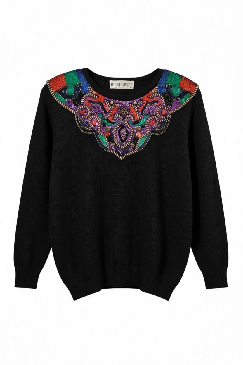 Vintage Victoria Harbour Sequin Beaded Black Knit Sweater Size M 2