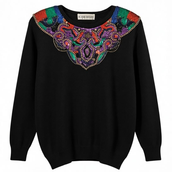Vintage Victoria Harbour Sequin Beaded Black Knit Sweater Size M