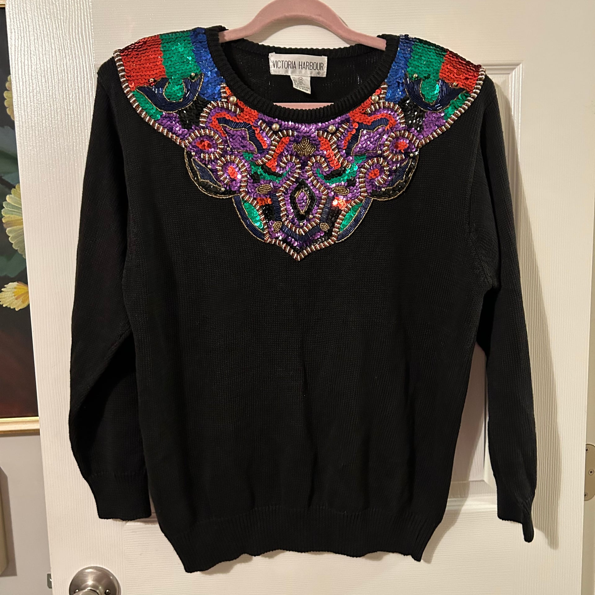 Vintage Victoria Harbour Sequin Beaded Black Knit Sweater Size M 3