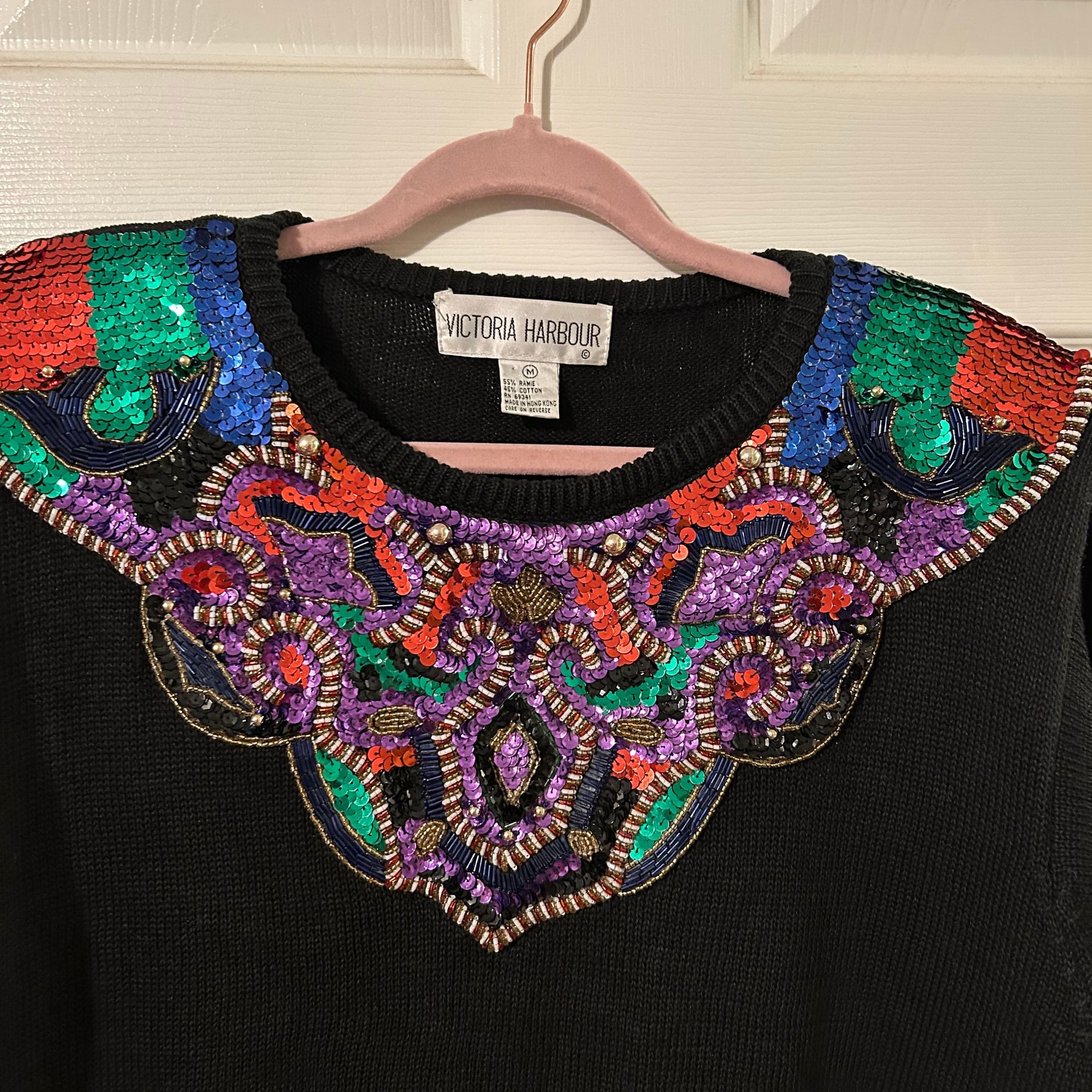 Vintage Victoria Harbour Sequin Beaded Black Knit Sweater Size M 10