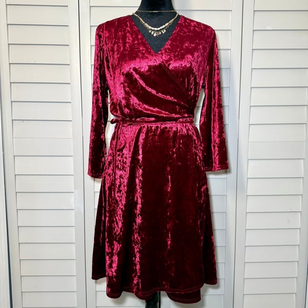 Burgundy Crushed Velvet Long Sleeve Faux Wrap Dress