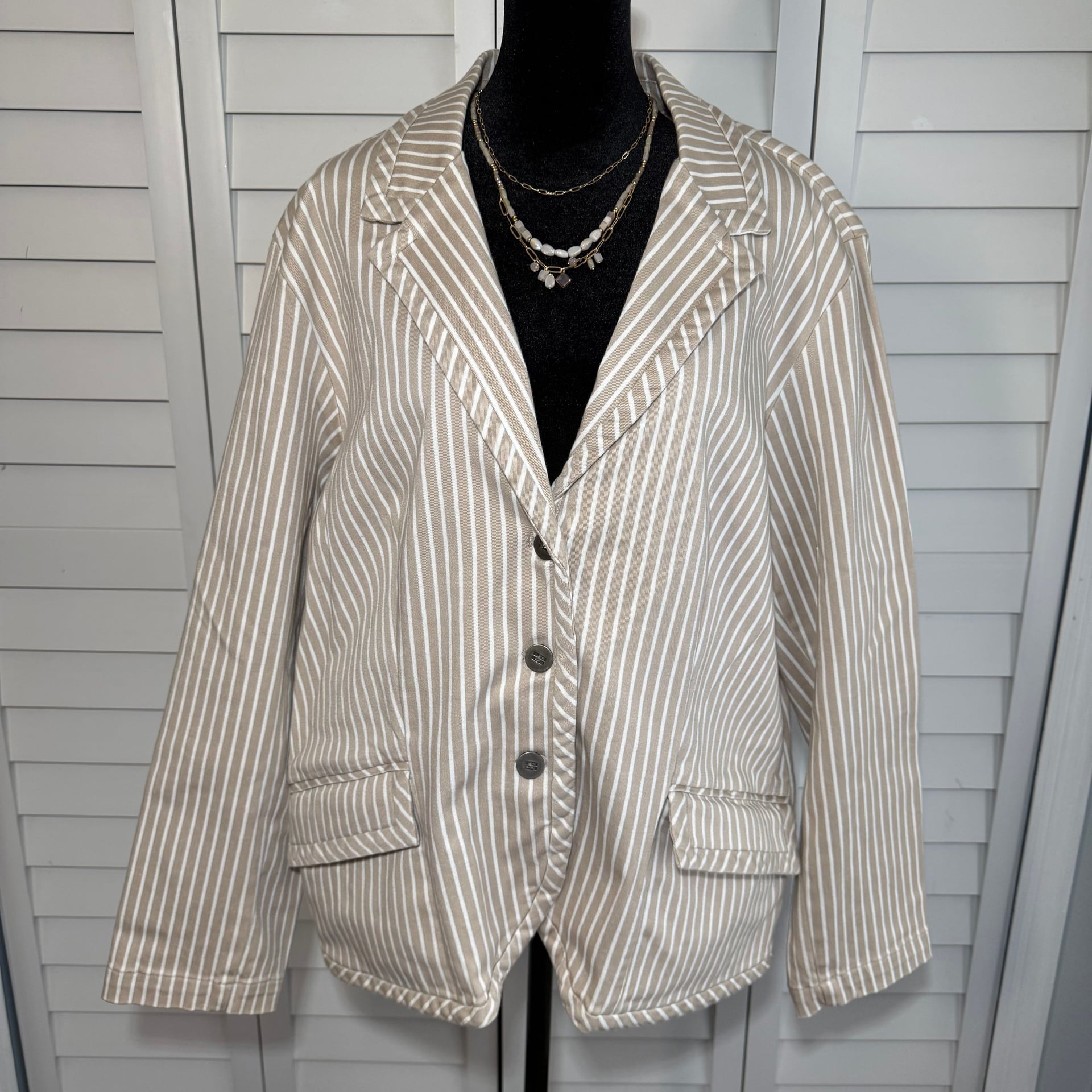 Chico's Khaki & White Striped Long Sleeve Blazer XL (Size 3) 1
