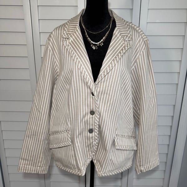 Chico's Khaki & White Striped Long Sleeve Blazer XL (Size 3)
