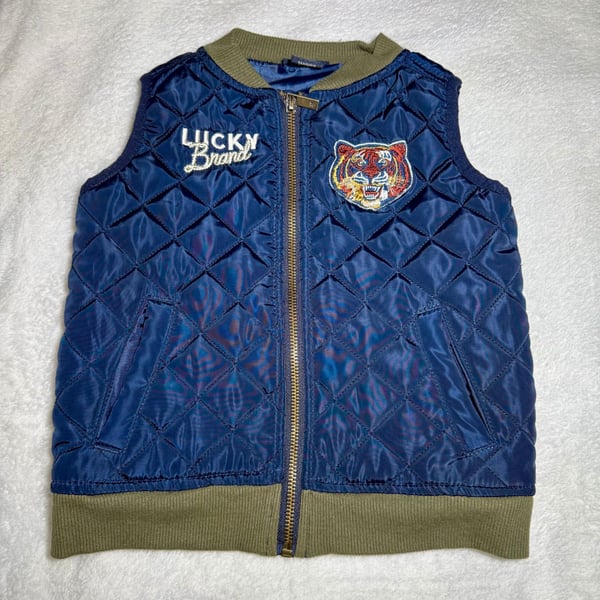 Lucky Brand Blue Quilted Full Zip Vest Toddler Boy 24M Embroider Tiger w/Pockets
