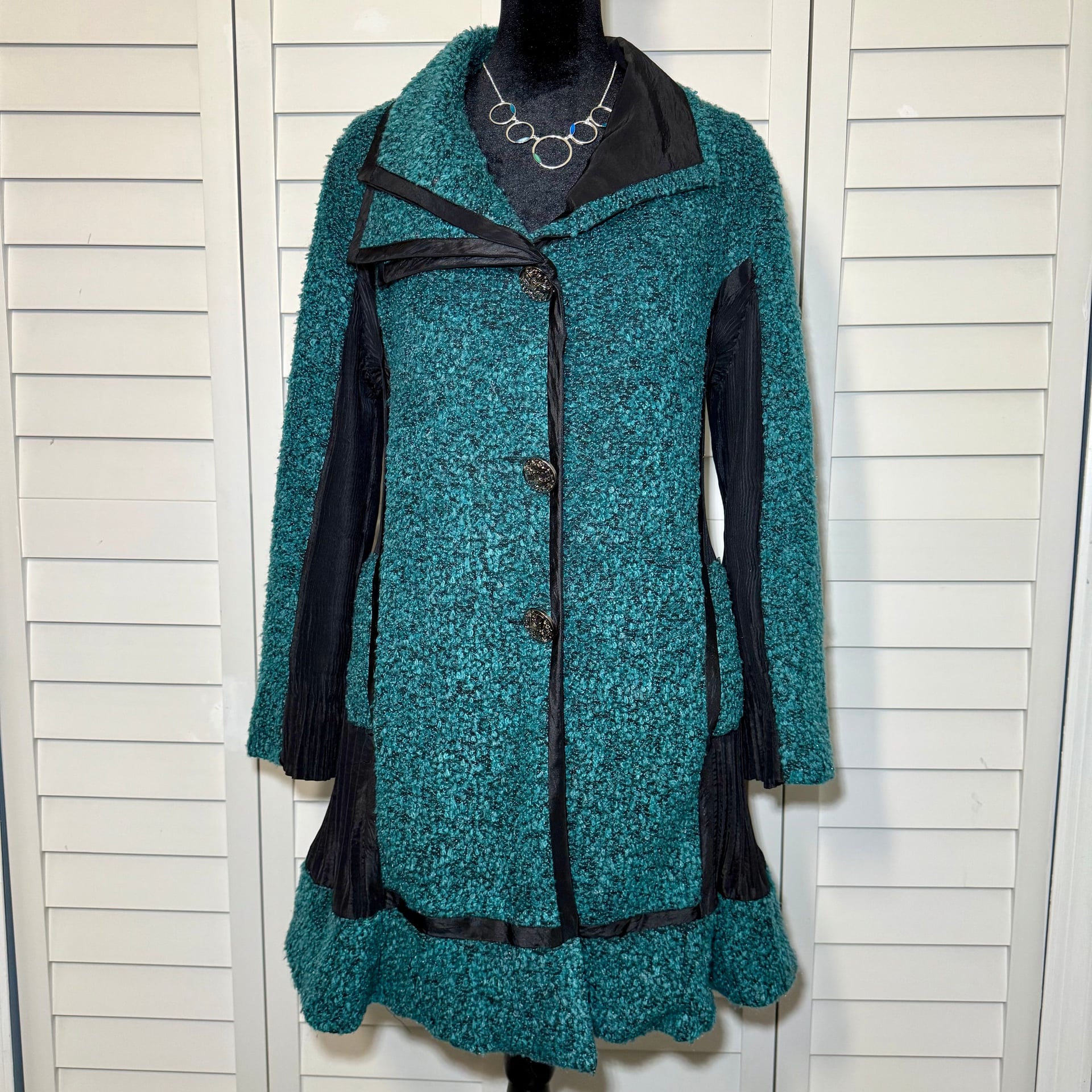 LINDI Teal Bouclé Textured Art Jacket / Asymmetric Button Coat Boutique – Size M 1
