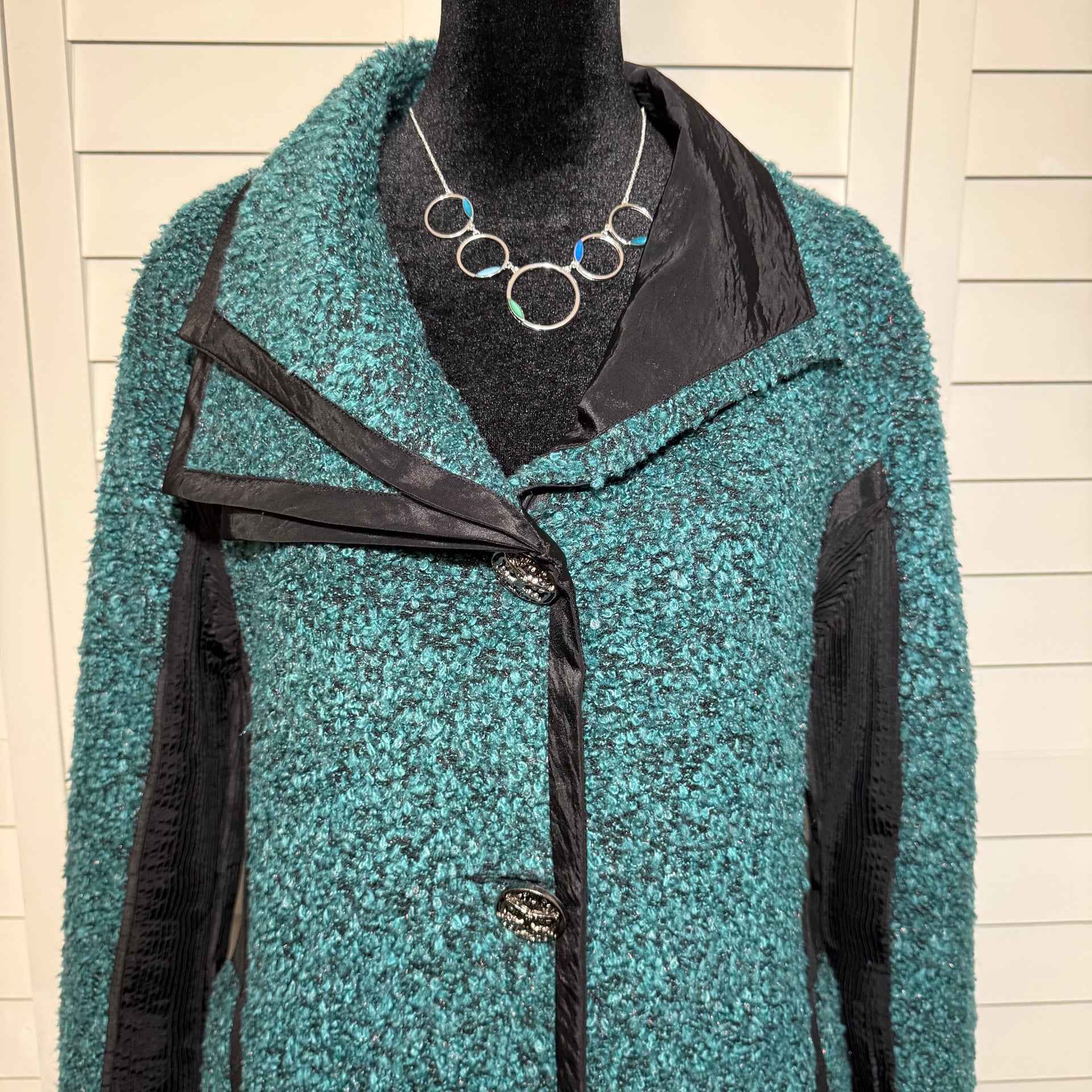 LINDI Teal Bouclé Textured Art Jacket / Asymmetric Button Coat Boutique – Size M 2