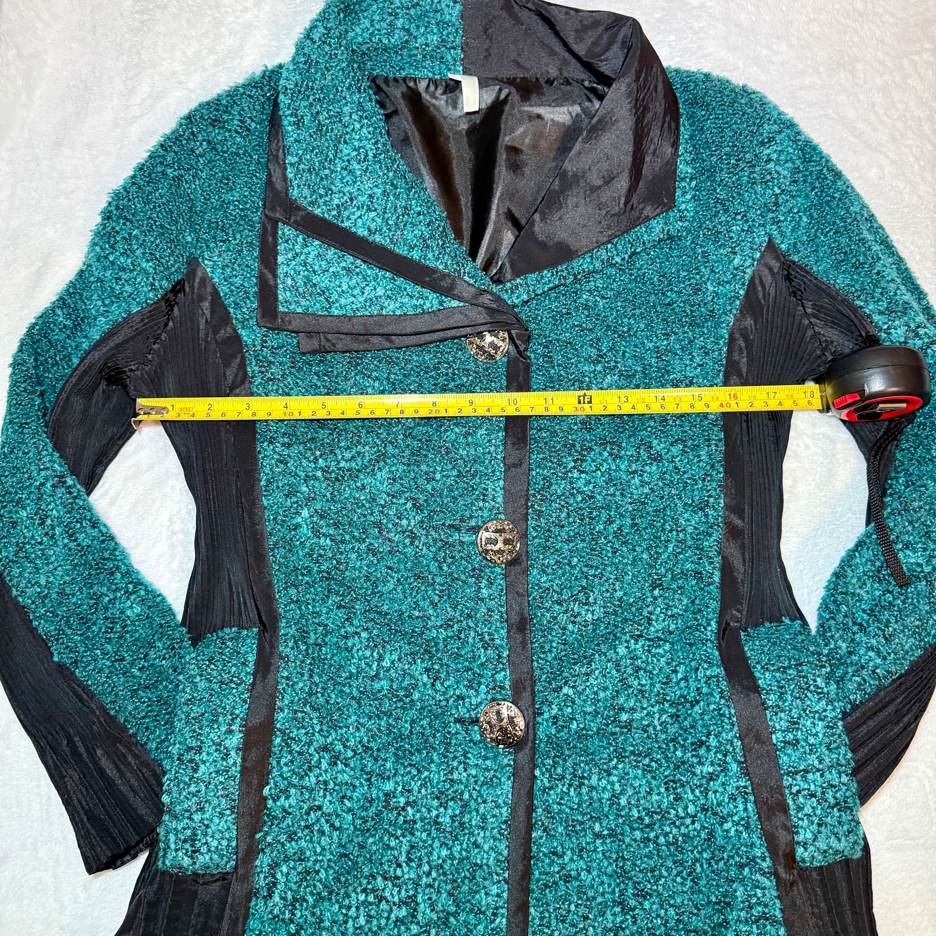 LINDI Teal Bouclé Textured Art Jacket / Asymmetric Button Coat Boutique – Size M 5