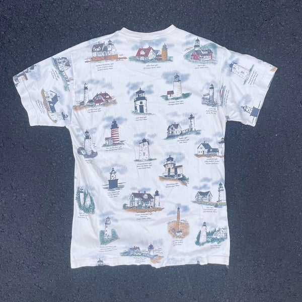 Vintage Lighthouse Graphic Tee: New England Maine All Over Print, XL
