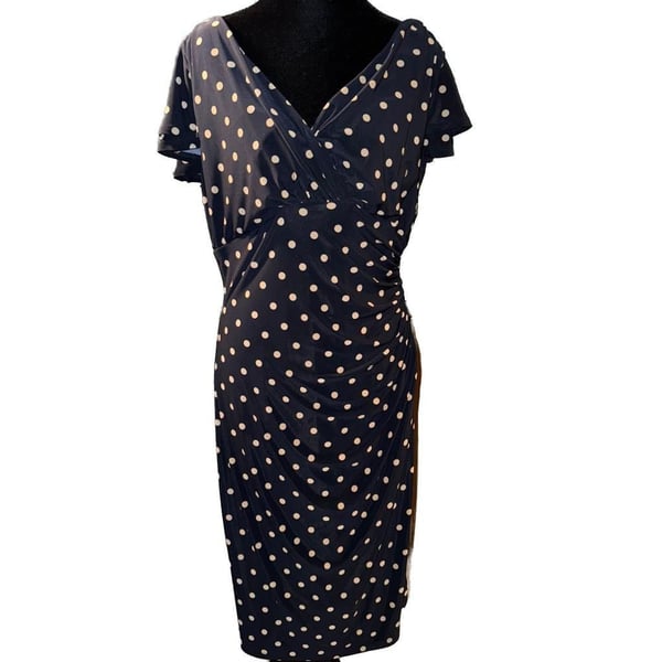 RALPH LAUREN Black Brown Polka Dot Cowl Neck Ruched Waist Dress ~ 6 M3020
