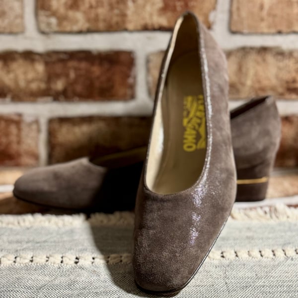 Salvatore Ferragamo Brown Metallic Pumps, Size 8.5 B Vintage Luxury