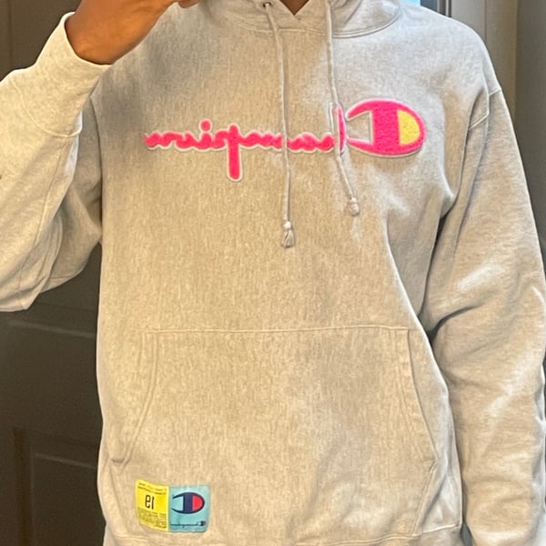 Champion Reverse Weave Grey Hoodie Pink Patch Spellout Logo Pullover