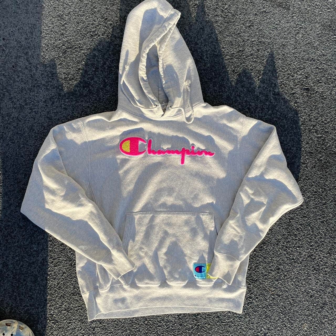 Champion Reverse Weave Grey Hoodie Pink Patch Spellout Logo Pullover 2