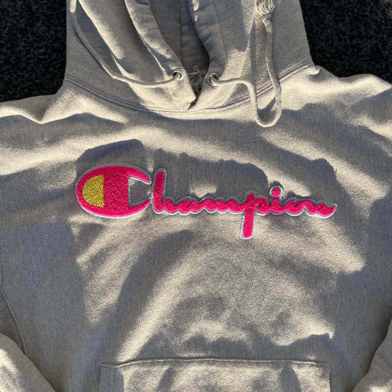 Champion Reverse Weave Grey Hoodie Pink Patch Spellout Logo Pullover 3