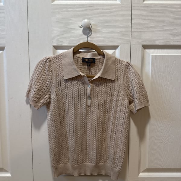 Truth by Republic Short Sleeve Button Sweater, Ivory, Size XS