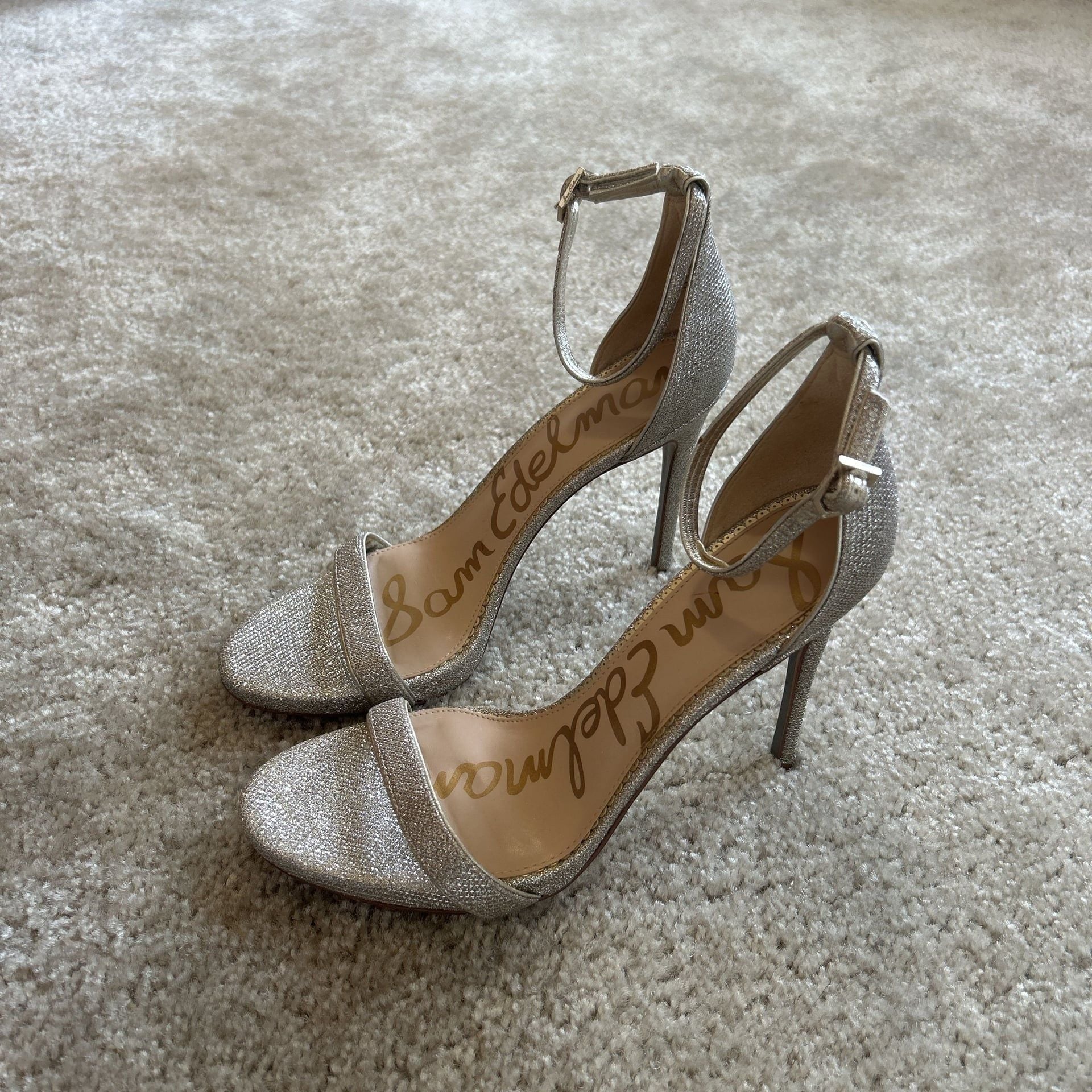 Sam Edelman Ariella Textured Metallic Silver Ankle Strap Heels 2