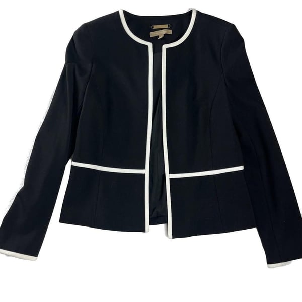 Talbots Italian Knit Tipped Blazer Black White Trim Minimalist Jacket Size 2