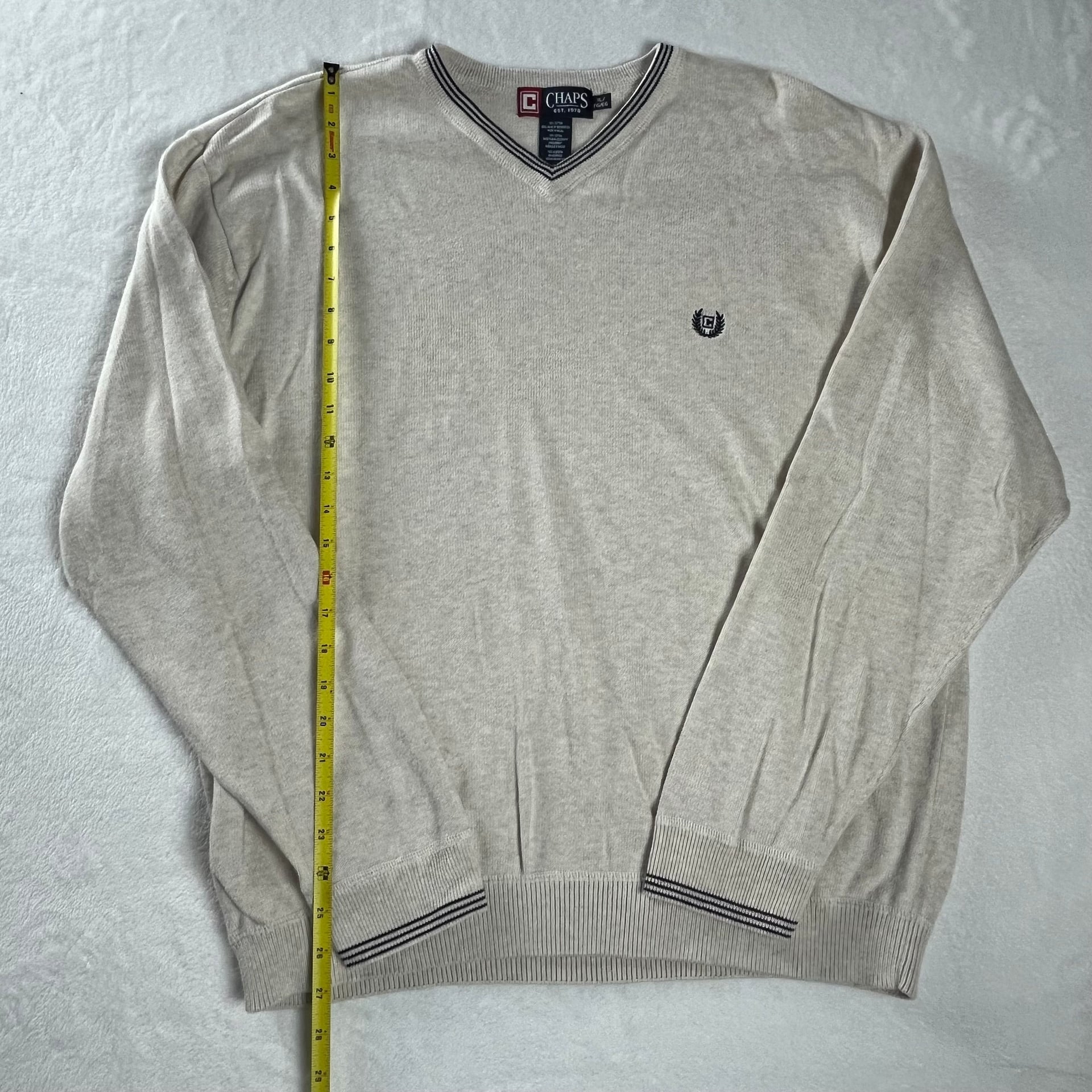 Chaps Cotton V Neck Sweater Beige Navy Trim Crest Logo Preppy Classic XL 4