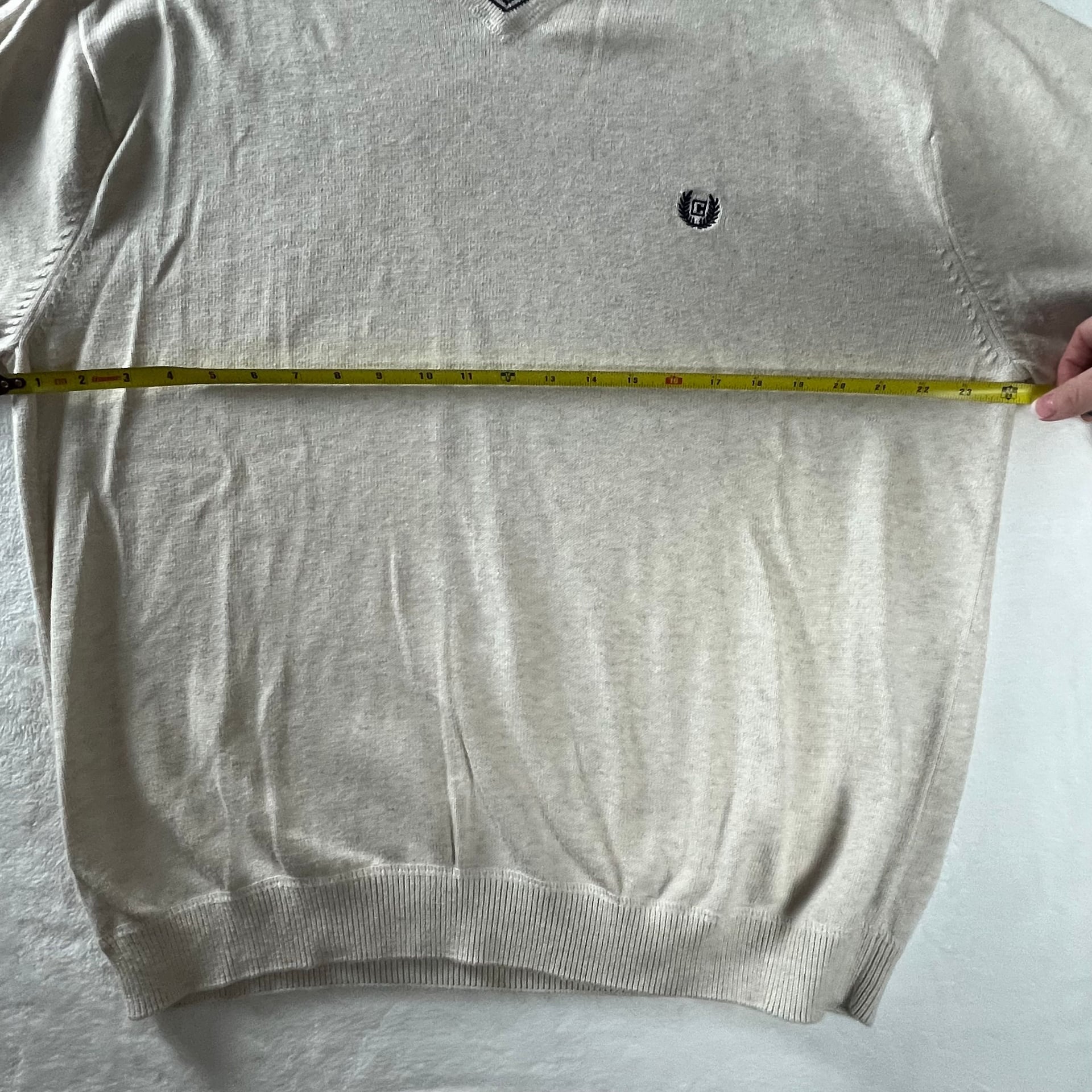 Chaps Cotton V Neck Sweater Beige Navy Trim Crest Logo Preppy Classic XL 6