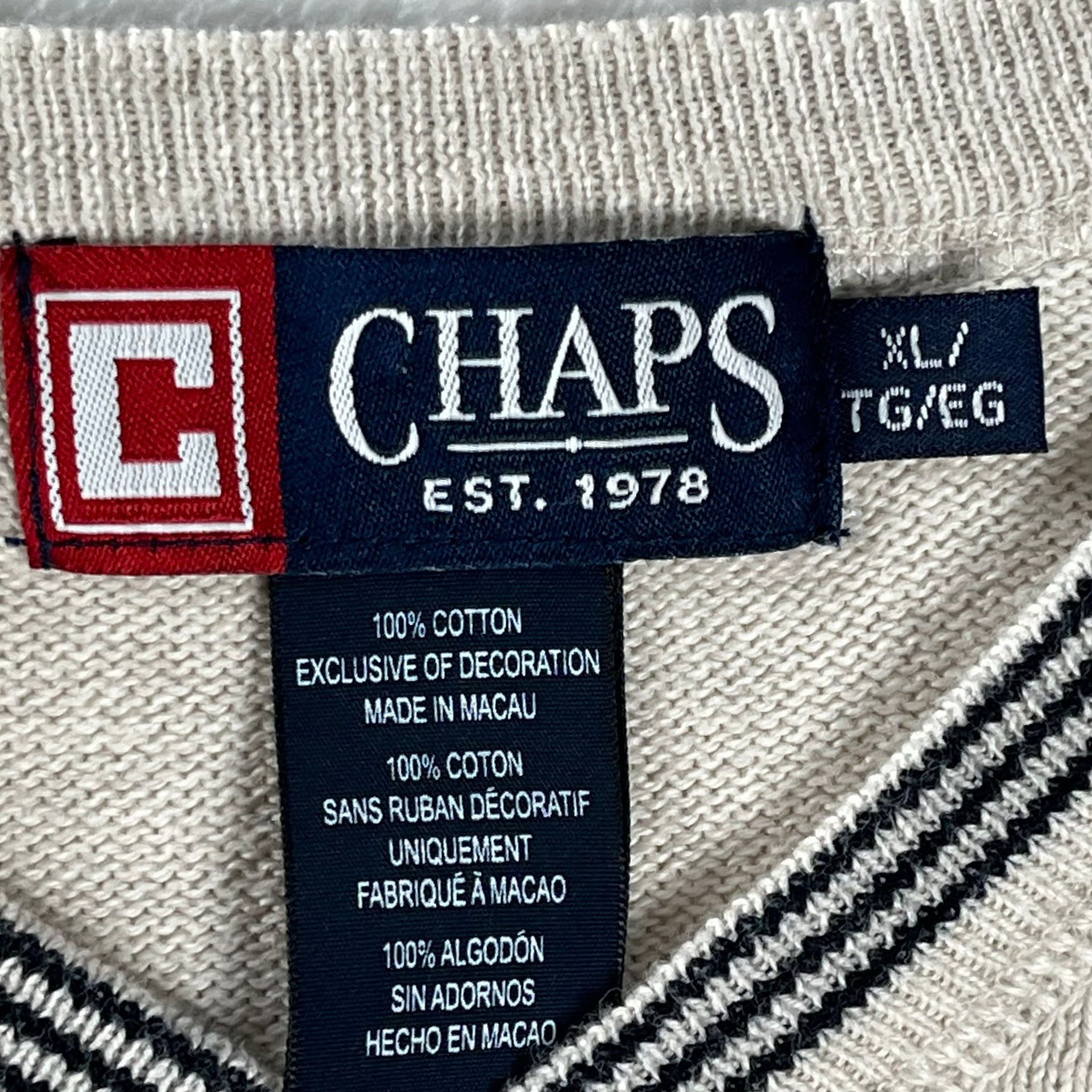Chaps Cotton V Neck Sweater Beige Navy Trim Crest Logo Preppy Classic XL 9