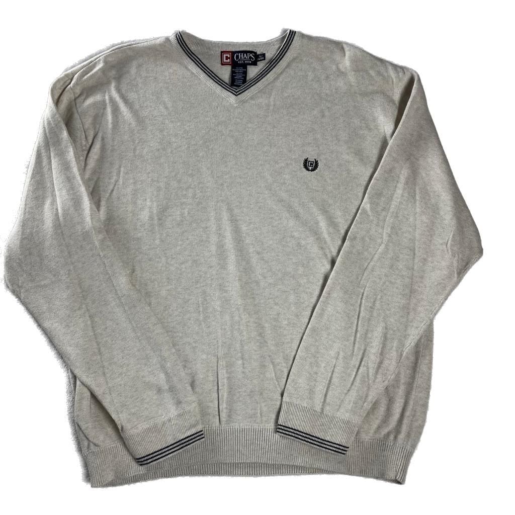 Chaps Cotton V Neck Sweater Beige Navy Trim Crest Logo Preppy Classic XL 2