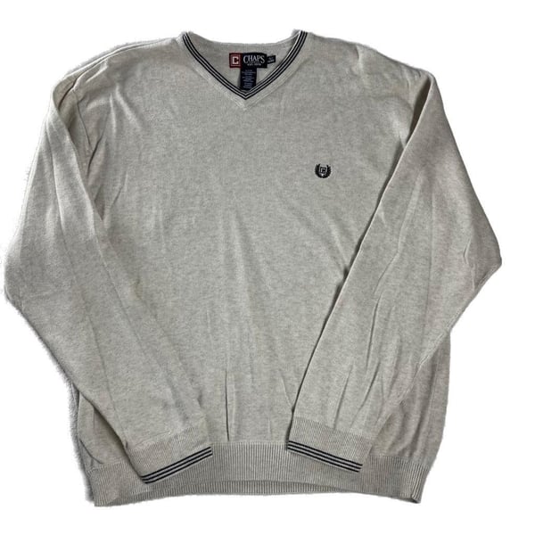 Chaps Cotton V Neck Sweater Beige Navy Trim Crest Logo Preppy Classic XL