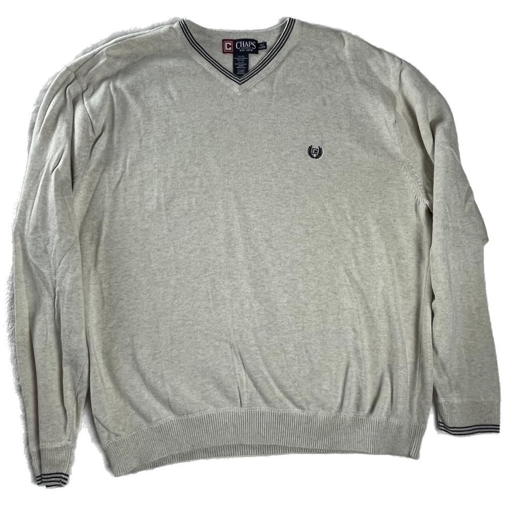 Chaps Cotton V Neck Sweater Beige Navy Trim Crest Logo Preppy Classic XL 8