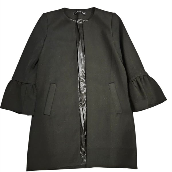 Zara Woman Size XS Black Bell Sleeve Ruffle Coat NWOT 