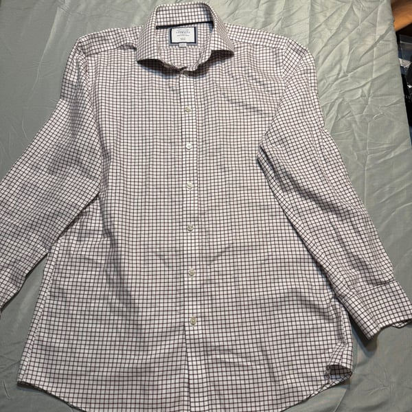 Charles Tyrwhitt Shirt Mens 16.5 White and burgundy Check Plaid Slim Fit Button
