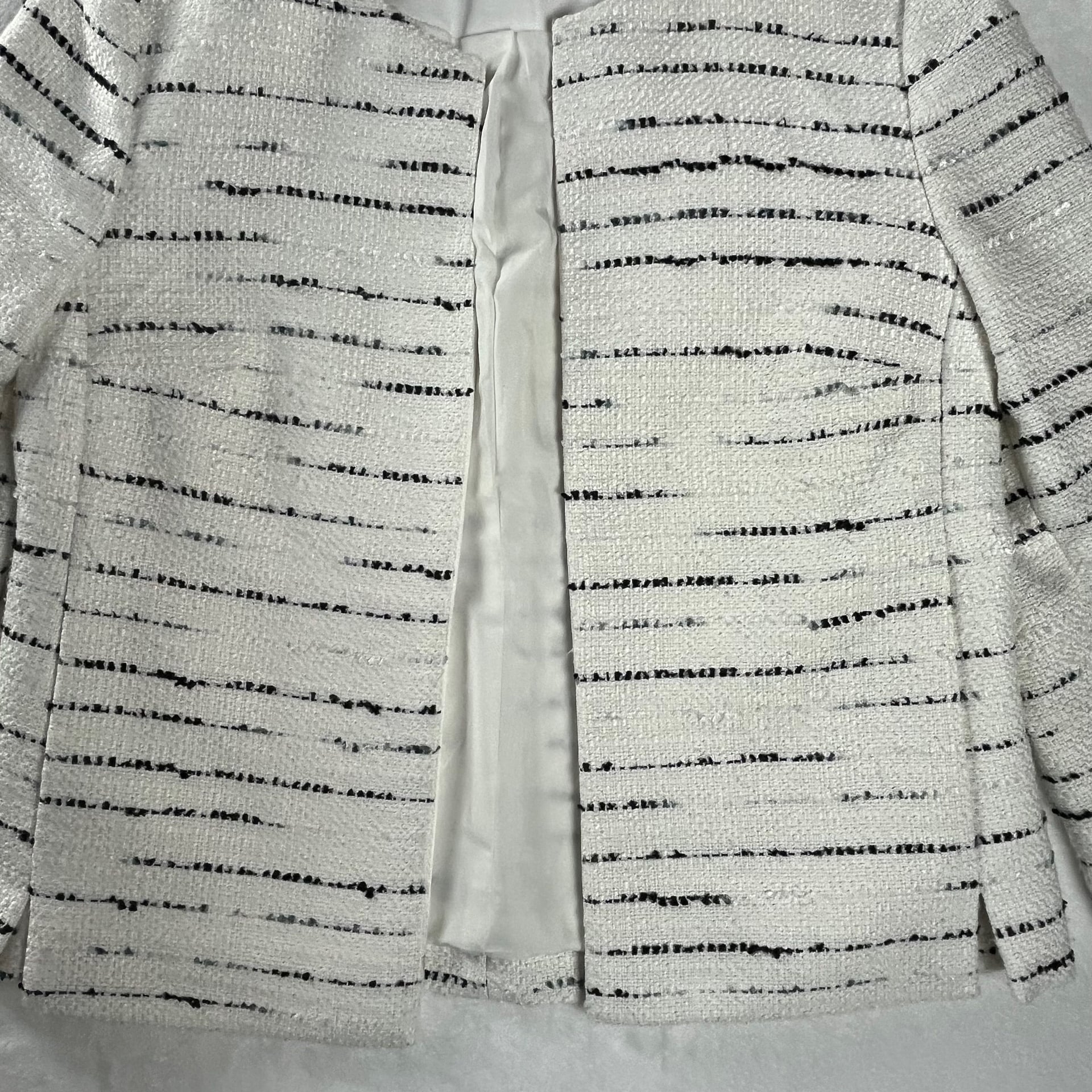 Ann Taylor Jacket Size 2 Ivory Black Tweed Stripe Open Front Classic Work 3