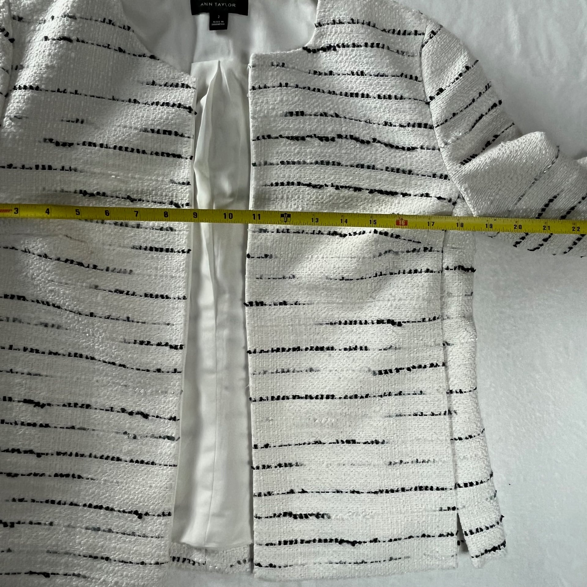 Ann Taylor Jacket Size 2 Ivory Black Tweed Stripe Open Front Classic Work 5