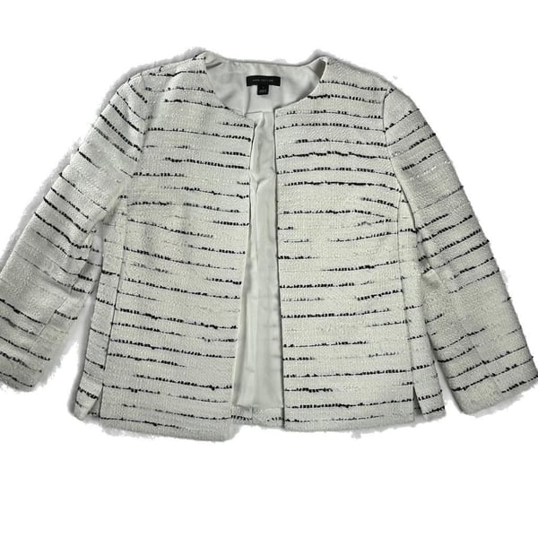 Ann Taylor Jacket Size 2 Ivory Black Tweed Stripe Open Front Classic Work