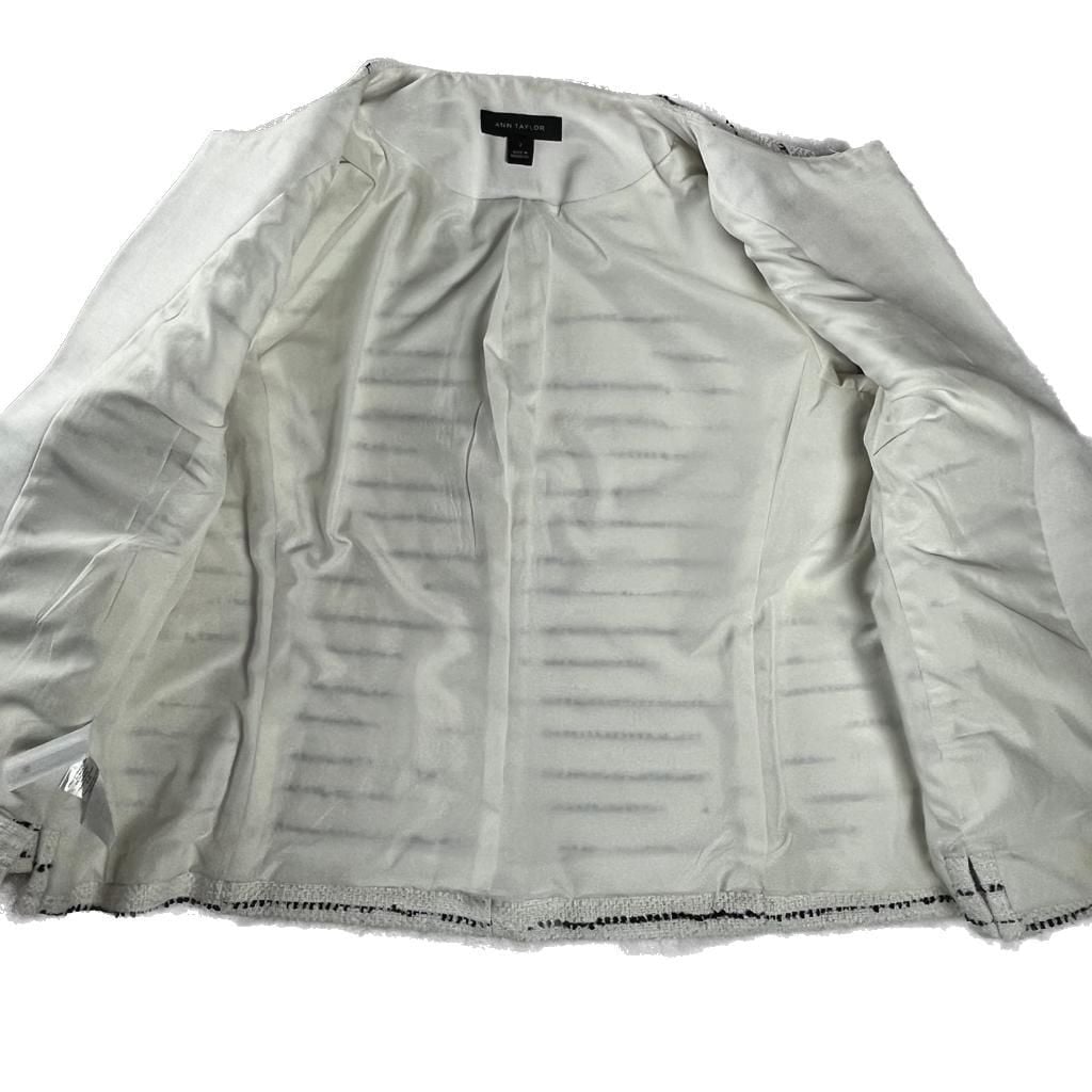 Ann Taylor Jacket Size 2 Ivory Black Tweed Stripe Open Front Classic Work 8