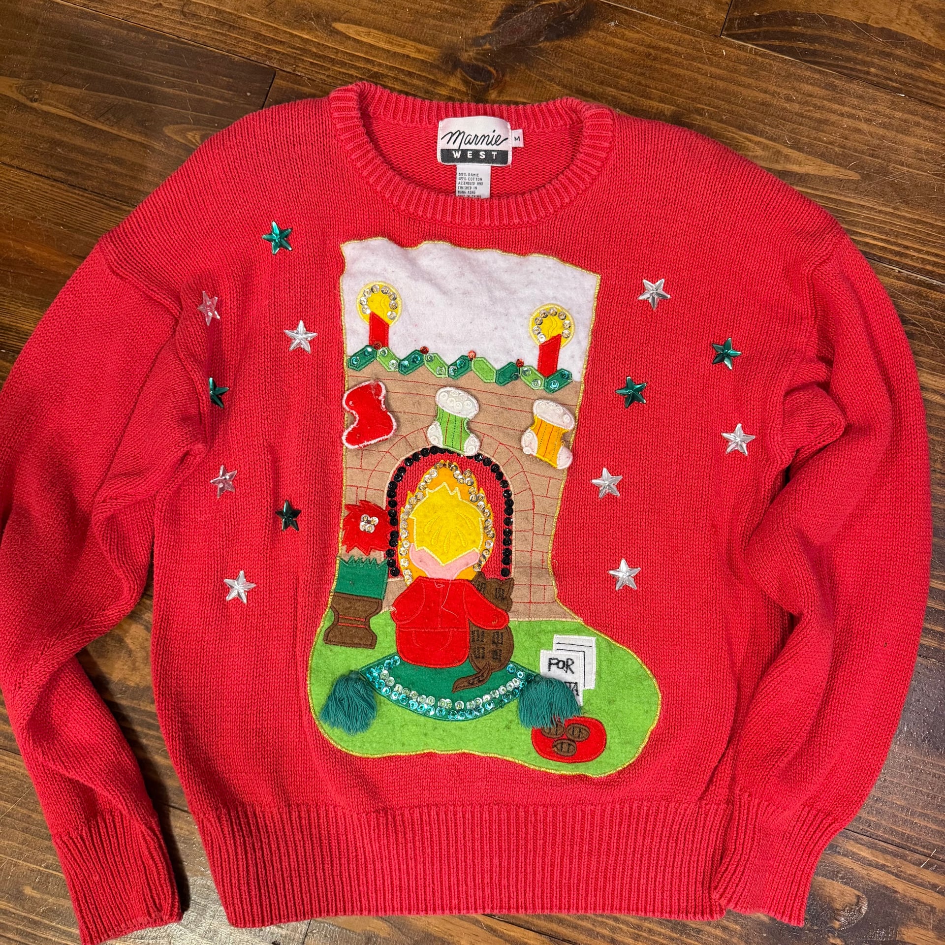 Vintage Marnie West Classic Christmas Sweater Red Wreath Beading Embroidery 1