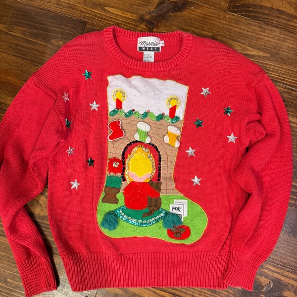 Vintage Marnie West Classic Christmas Sweater Red Wreath Beading Embroidery