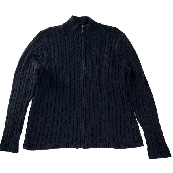 L.L.Bean Cable Knit Full Zip Sweater Black Women’s XL Preppy Old Money