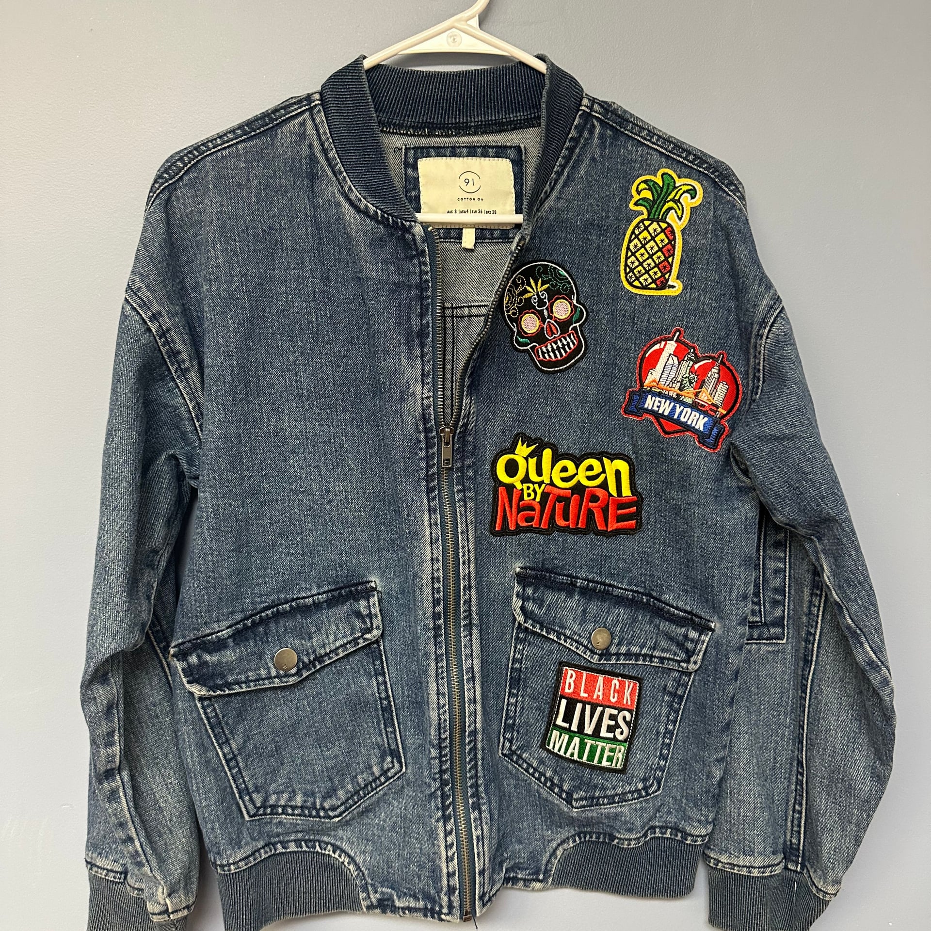 Custom Cotton On Embellished Denim Bomber Jean Jacket Boho Hippie 3