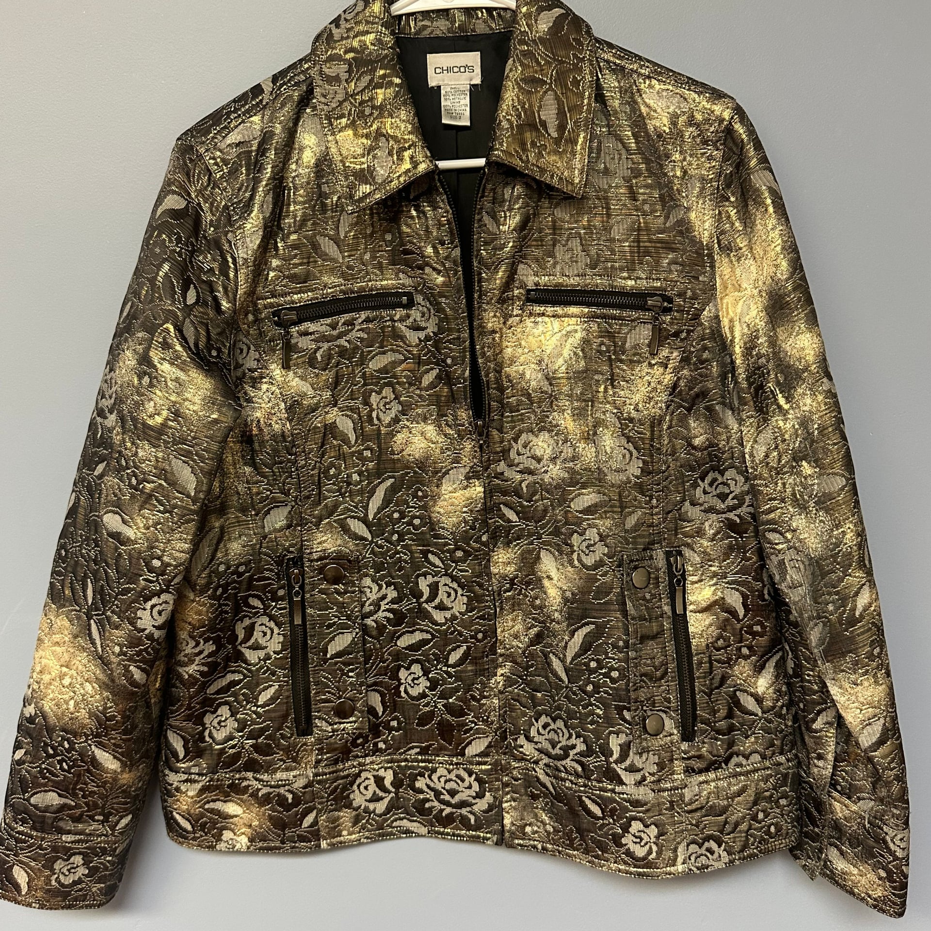 Chico's 1 Sz Gold Metallic w/Zipper Accents Floral b9 1