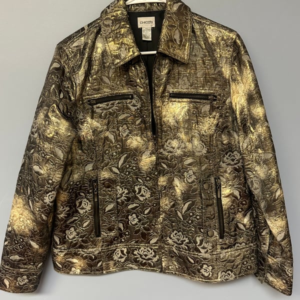 Chico's 1 Sz Gold Metallic w/Zipper Accents Floral b9