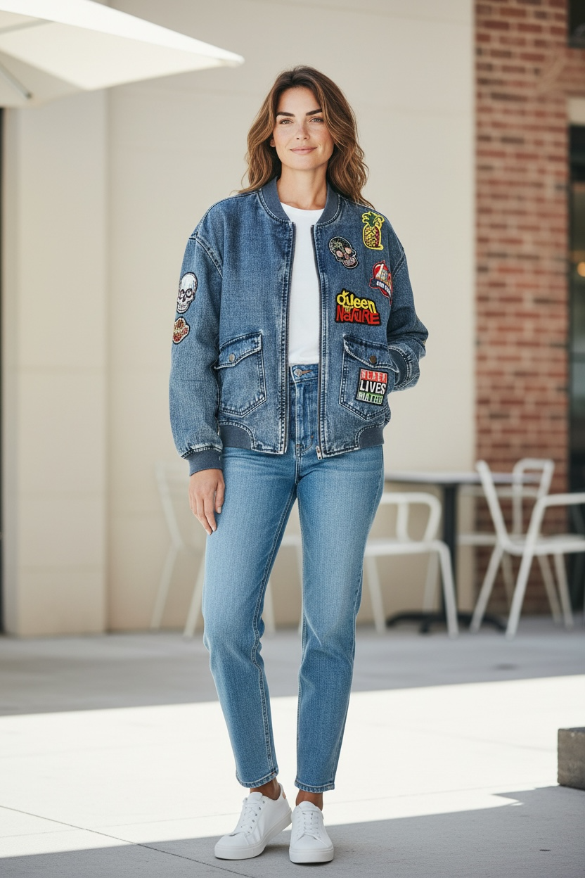 Custom Cotton On Embellished Denim Bomber Jean Jacket Boho Hippie 1
