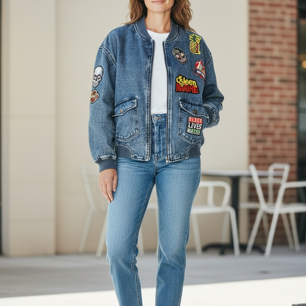 Custom Cotton On Embellished Denim Bomber Jean Jacket Boho Hippie