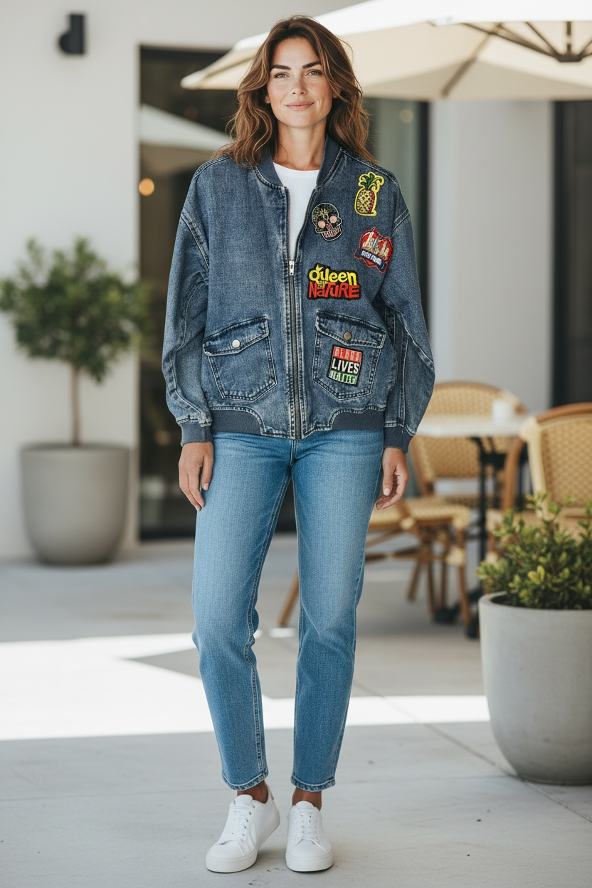 Custom Cotton On Embellished Denim Bomber Jean Jacket Boho Hippie 2