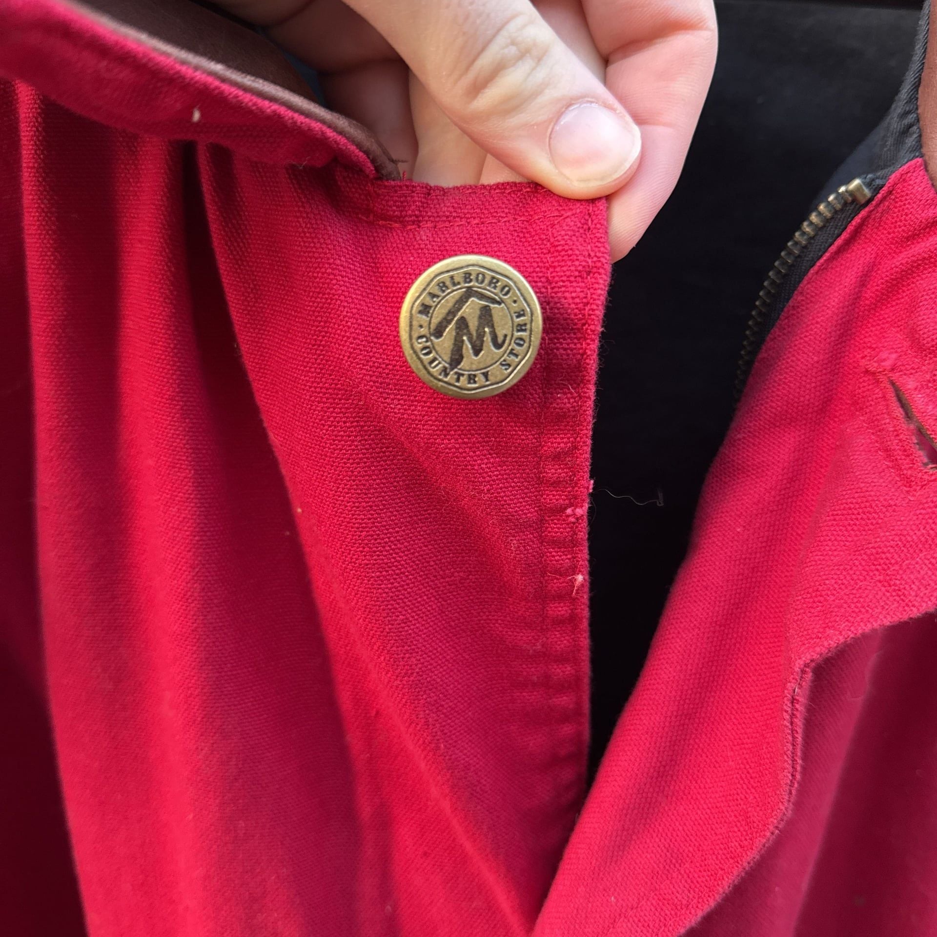Vintage Marlboro Country Store Red Canvas Barn Chore Coat with Leather Collar 3