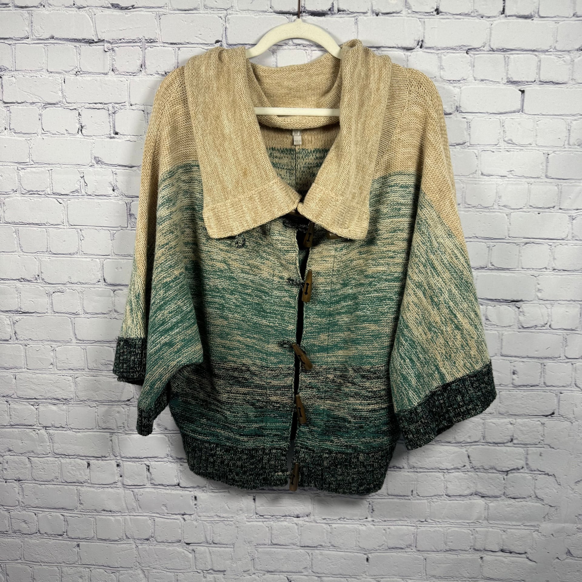 JOIE Merino Wool Cashmere Blend Green Multi Knit Cape Poncho Sweater 1