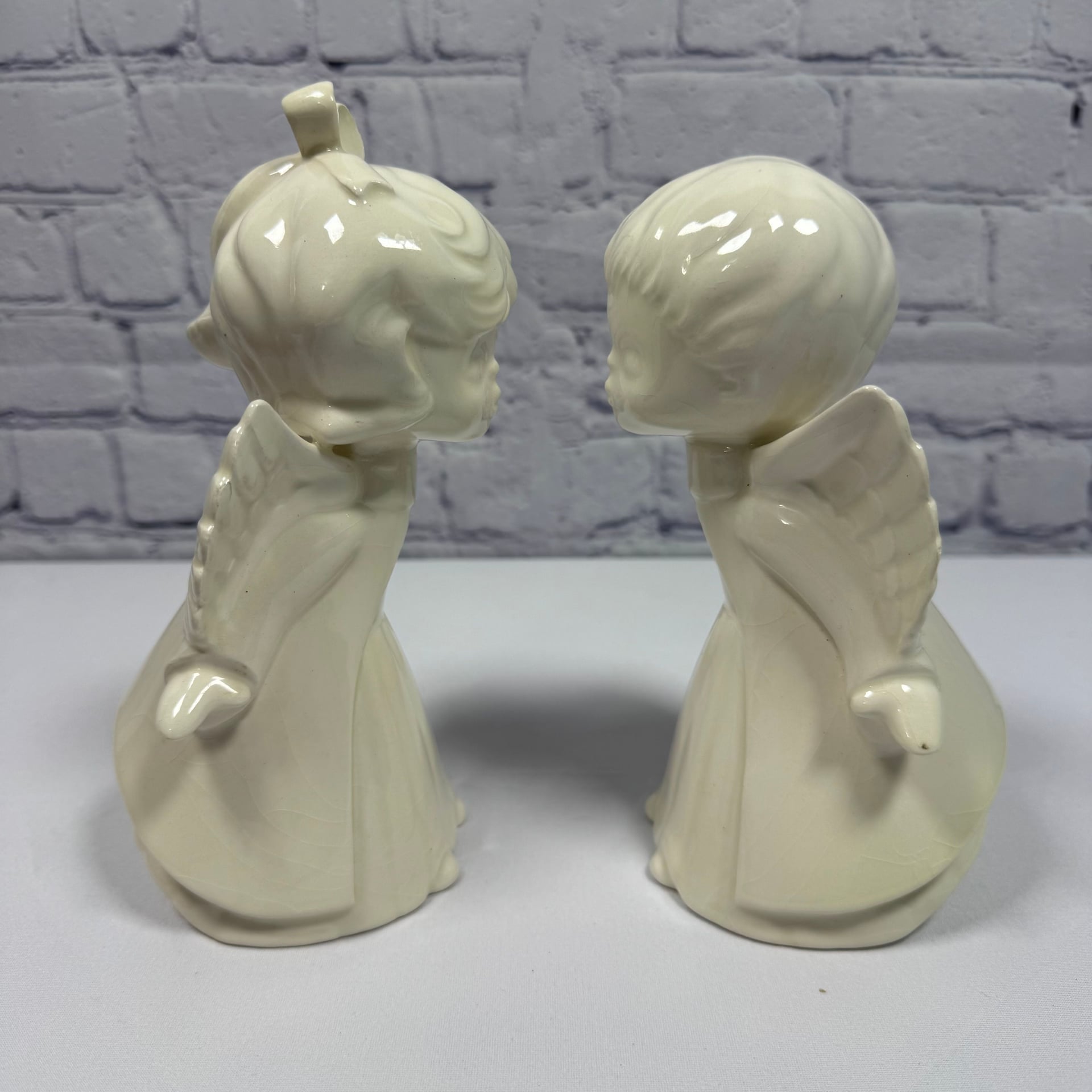 Vintage White Ceramic Kissing Angels Figurines Girl and Boy Set of 2 2